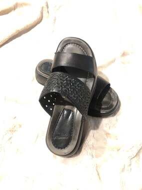Dansko Black Leather Platform Slide Sandals with Tooled Perforated Detail